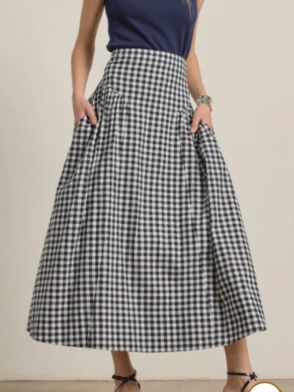 Navy and White Gingham Midi Skirt